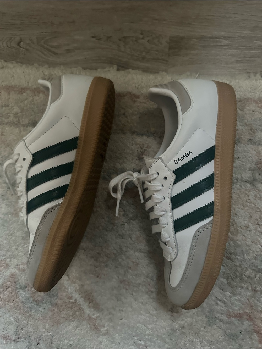 adidas Samba White Women’s Sneakers with green stripes and gum sole